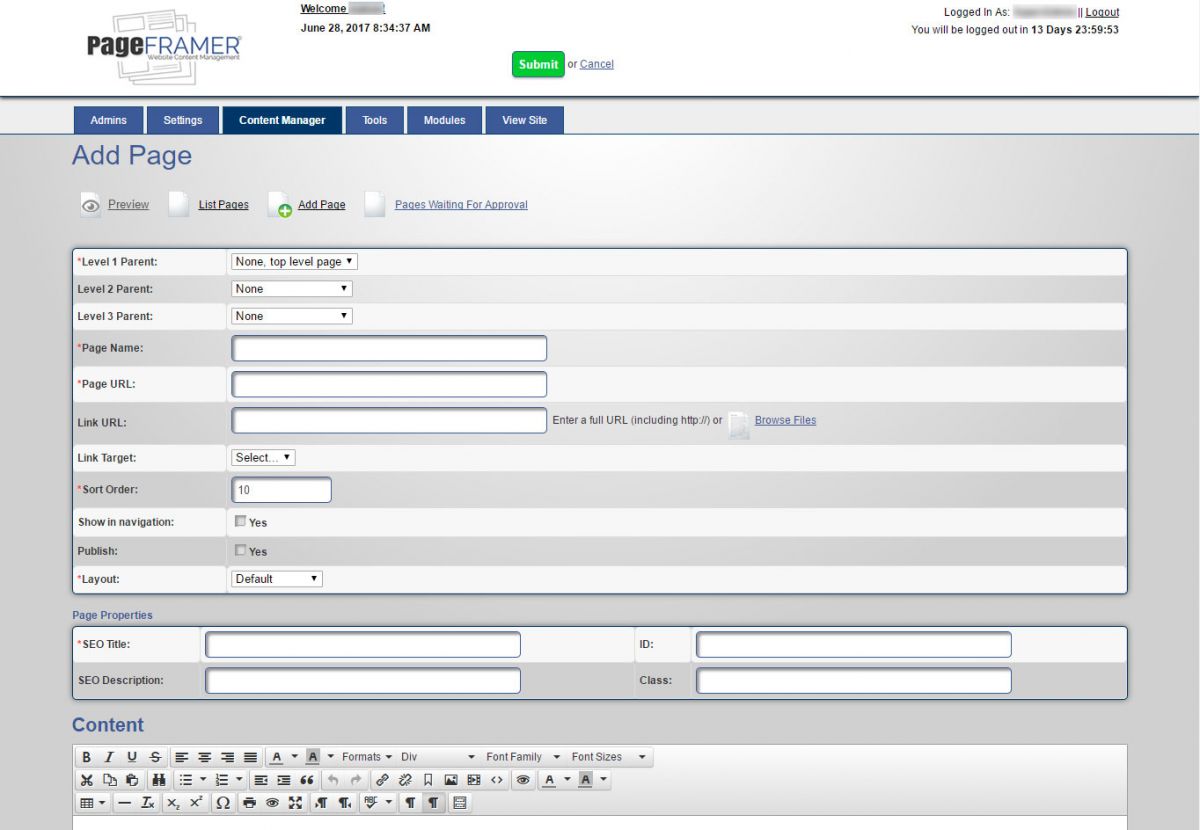 Screenshot of Add Page Screen.