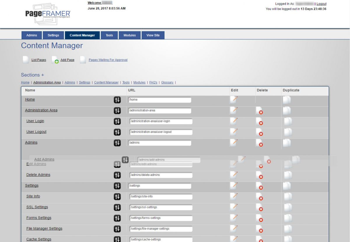 Content Management Screen, showing it is possible to change the order of pages