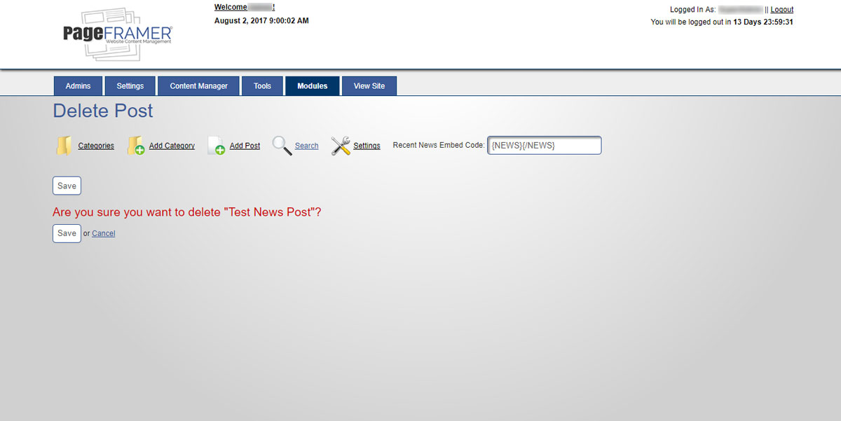 PageFramer - News - Delete News Post Confirmation Screen