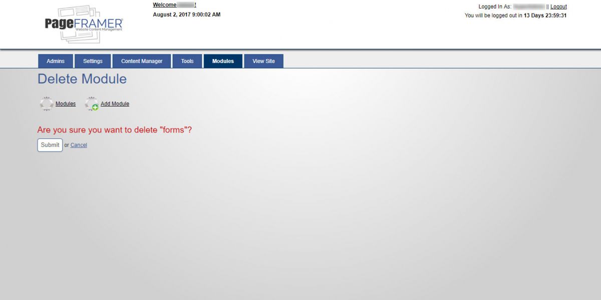 PageFramer - Delete Module screen