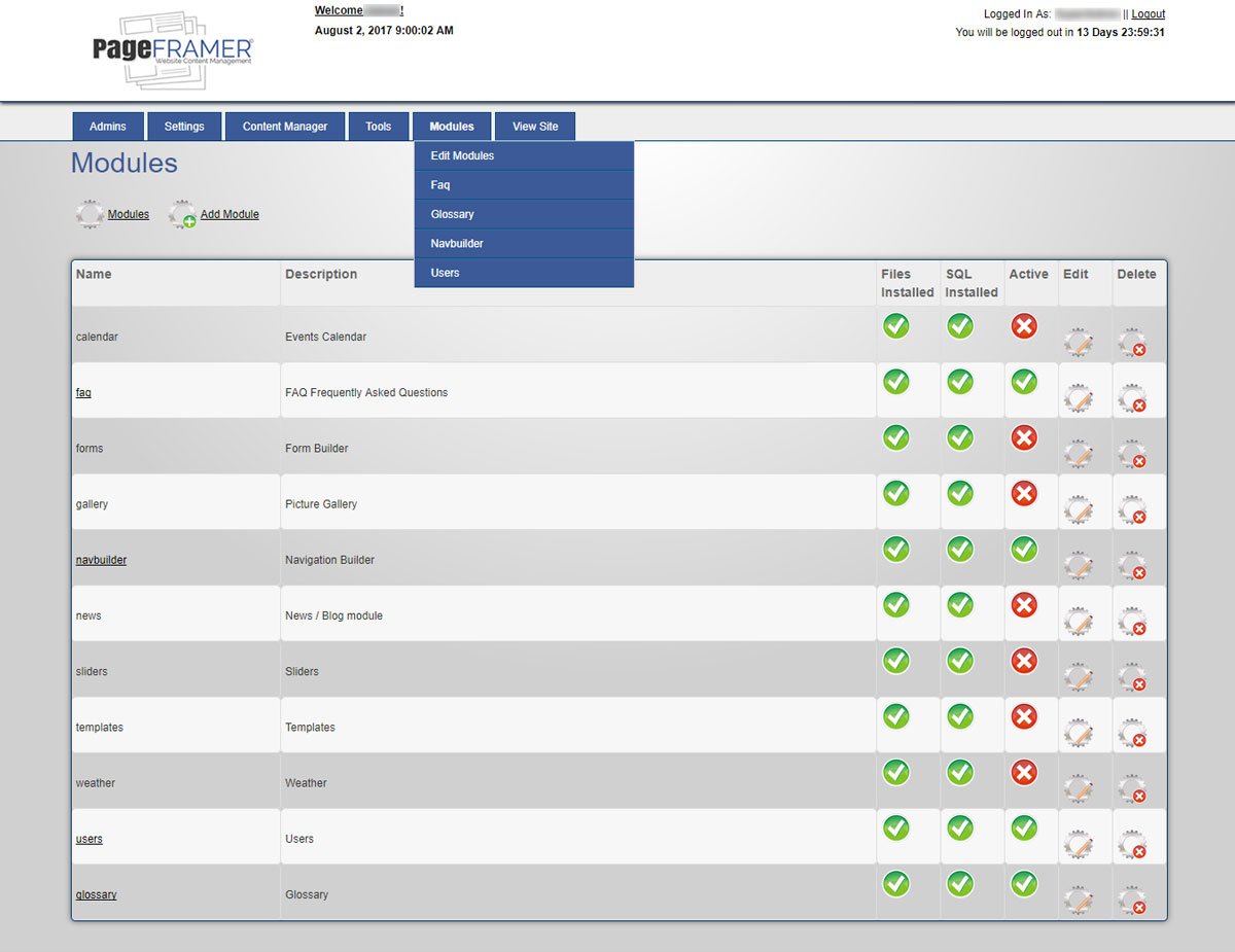 PageFramer Modules Screen Shot